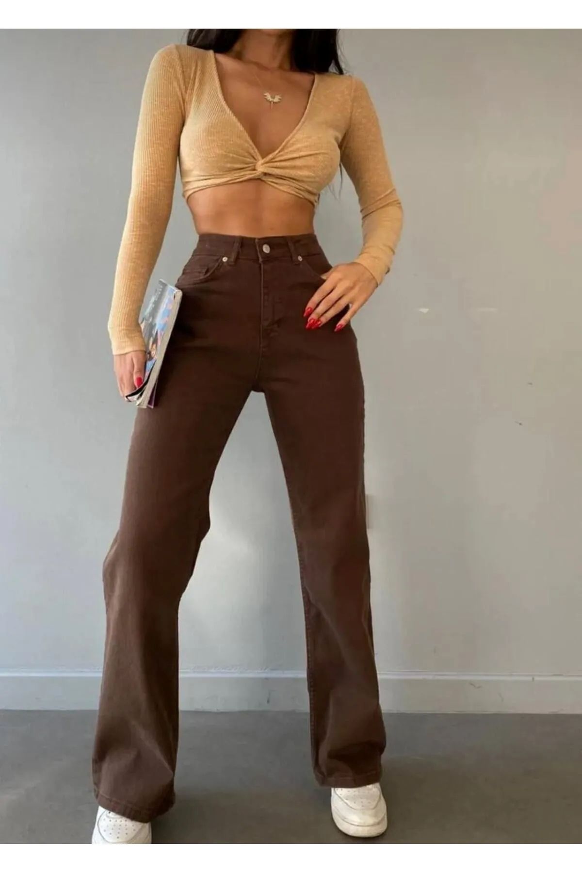 BİRDALİFE WEAR Kahverengi Palazzo Bol Paça Kot Pantolon Likralı