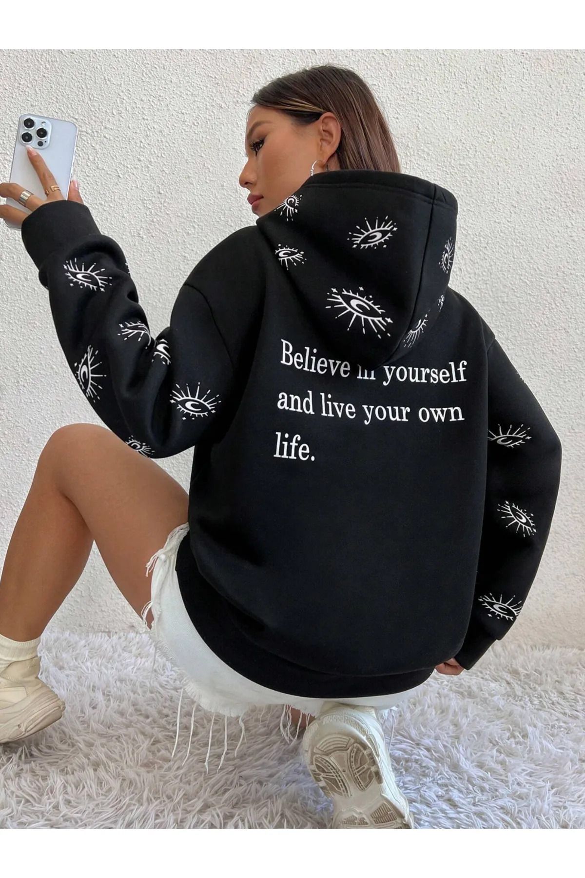 MARECASH 3 İplik Kapüşonlu Göz Baskılı Sweatshirt Unisex Oversize Kalın Kışlık %100 Pamuk