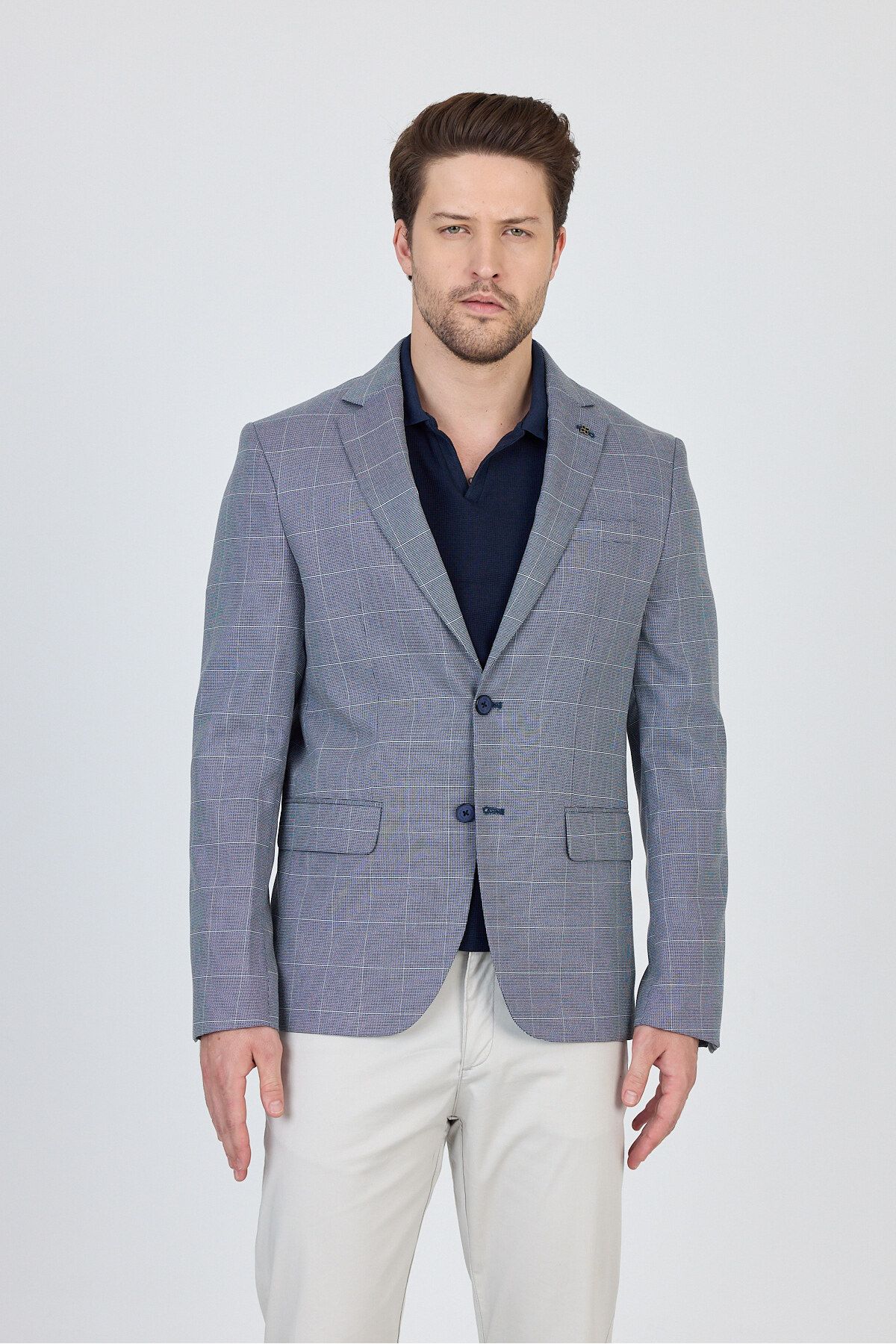 Frappoli Gerardo Erkek Navy Ekose Dokulu Poliviskon Kumaş Dar Kesim Slim Fit Spor Blazer Ceket