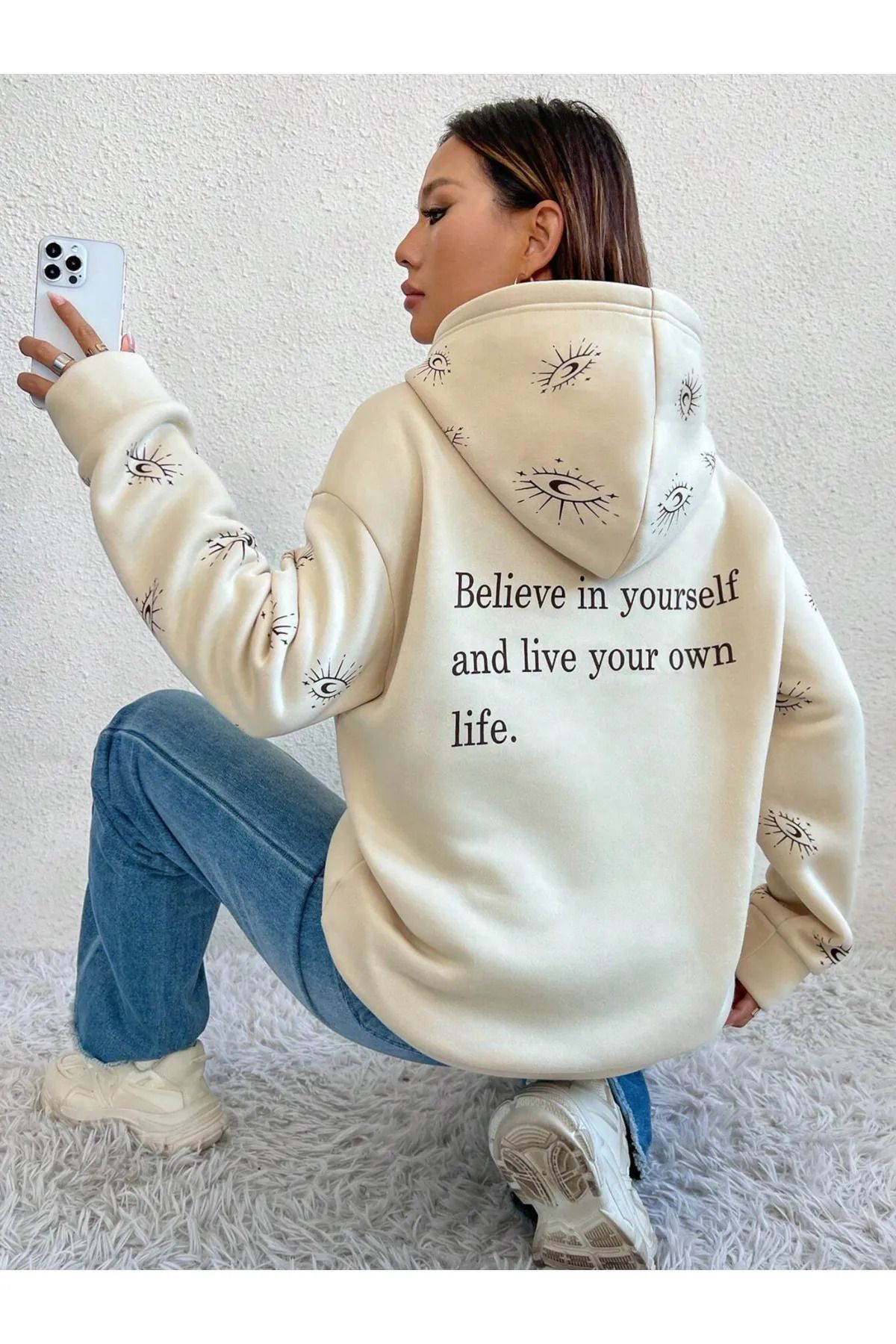 MARECASH 3 İplik Kapüşonlu Göz Baskılı Sweatshirt Unisex Oversize Kalın Kışlık %100 Pamuk