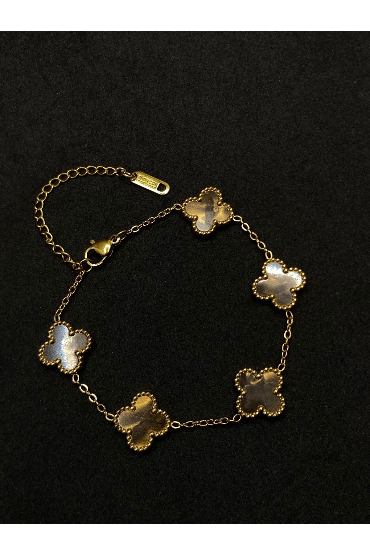 Jiji Jewelery Van Cleef Yonca Model Çift Taraflı Mineli Paslanmaz Çelik Bileklik 17 cm / ek çıkarılabilir 5 cm