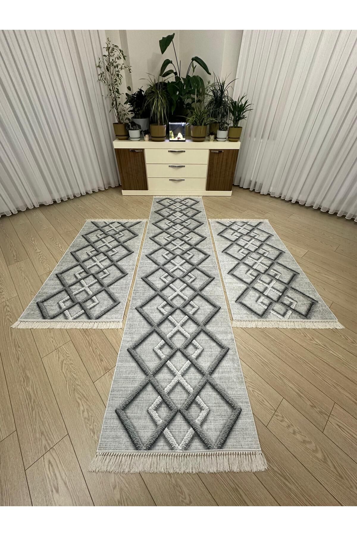 MODKLAS Kaymaz Taban 3 'lü Yatak Odası Halı Takımı 2 Adet 80x150 cm 1 Adet 80x300 cm