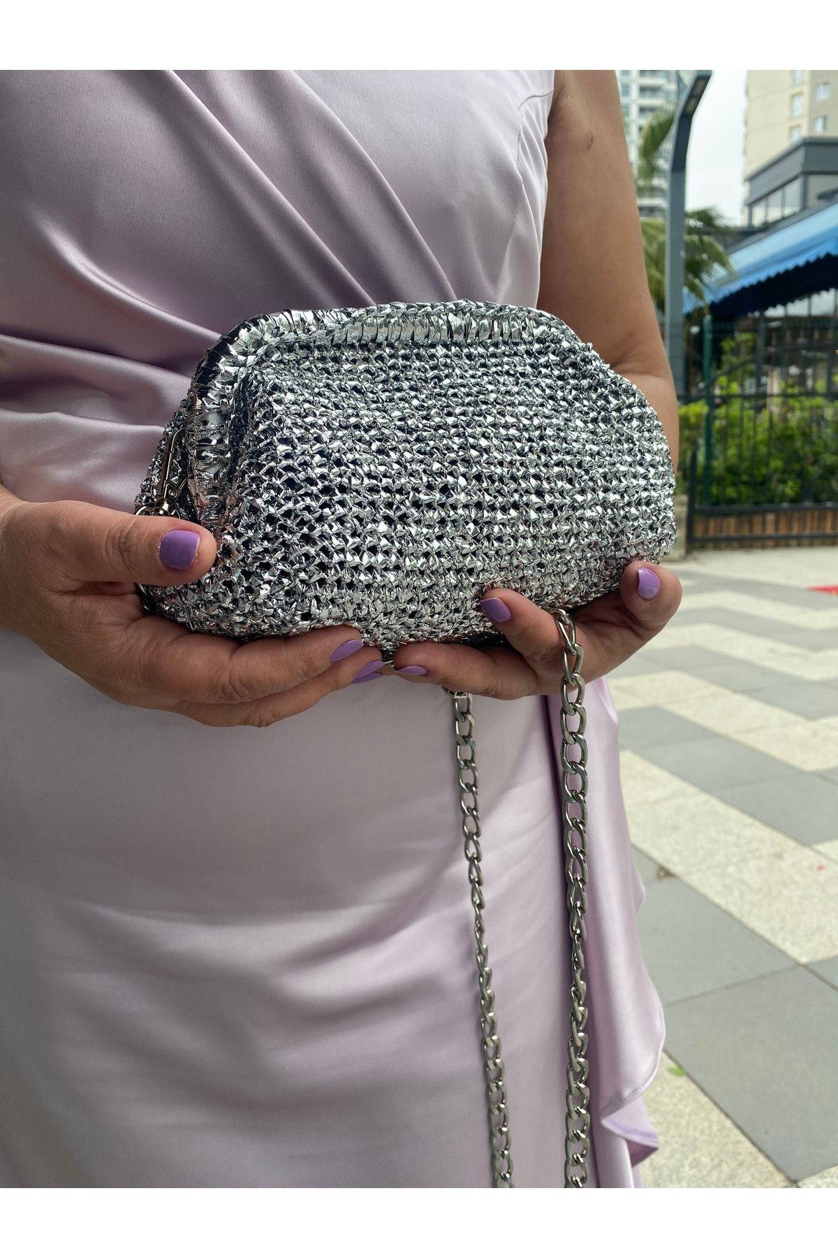 AYLAKAYA Gümüş Rafya Clutch