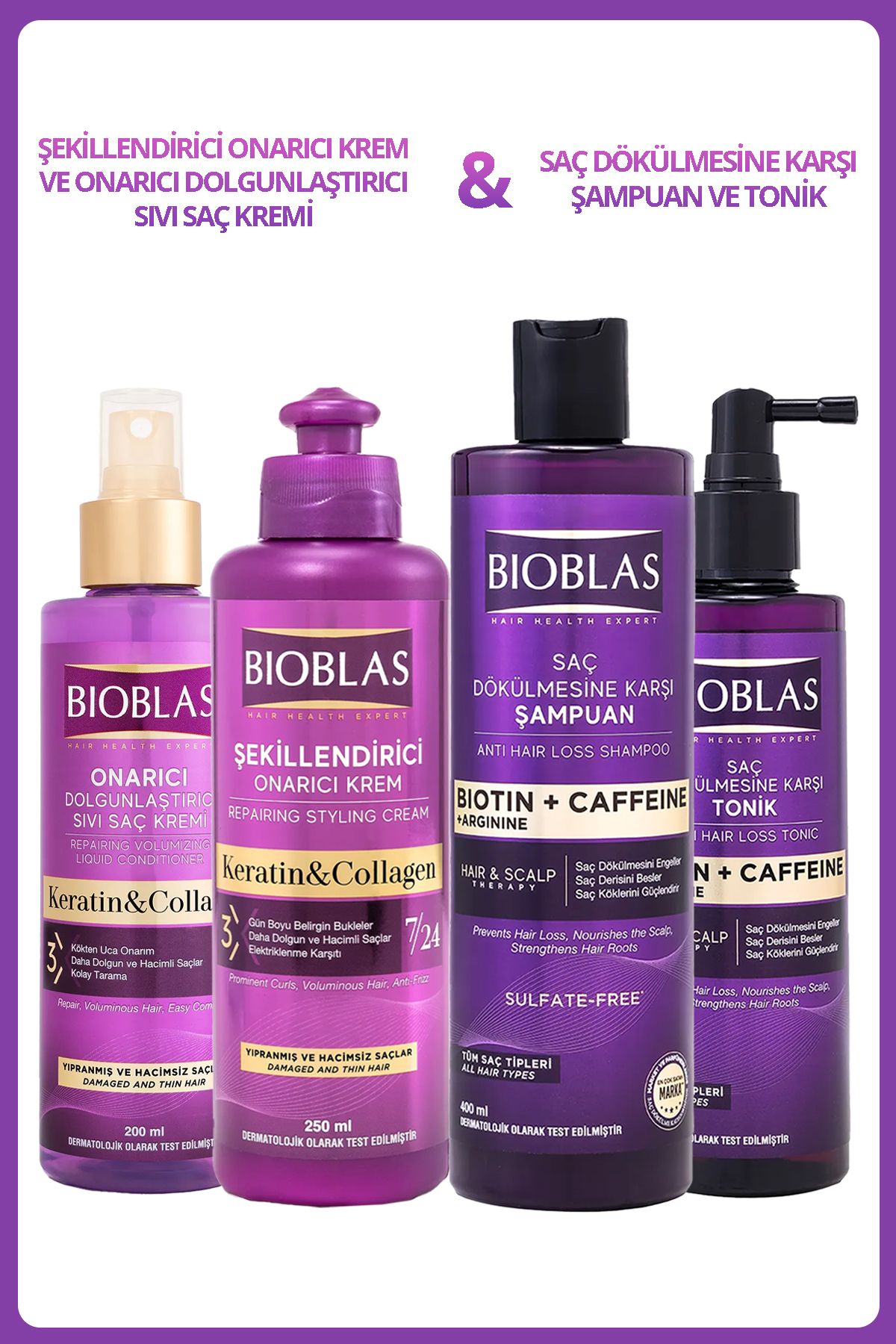 Bioblas Kafein Arjinin Biotin Şampuan 400Ml+Saç Toniği ve Sıvı SaçKremi 200ML+Şekillendirici SaçKremi 250ML
