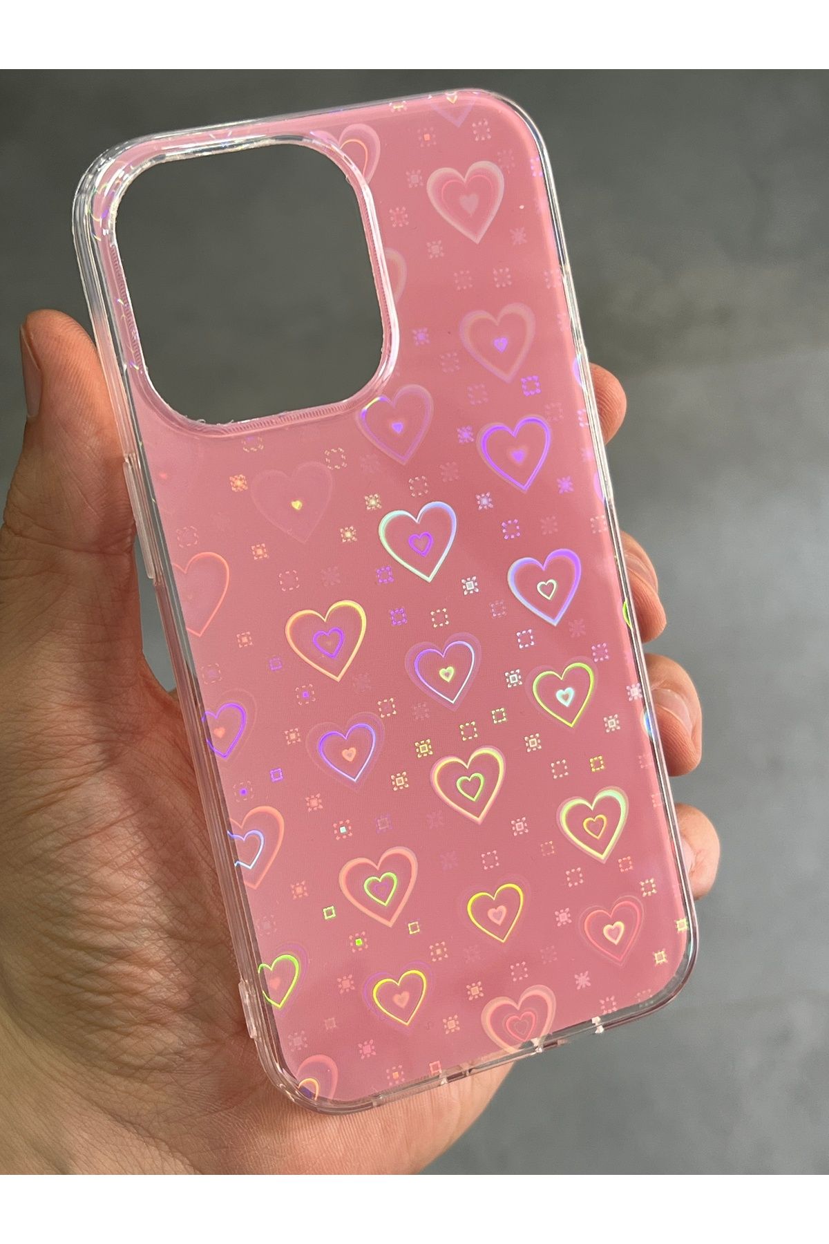 EDELFU iPhone 13Pro Pembe Kalp Hologramlı Arkası Sert Yanları Yumuşak Telefon Kılıfı