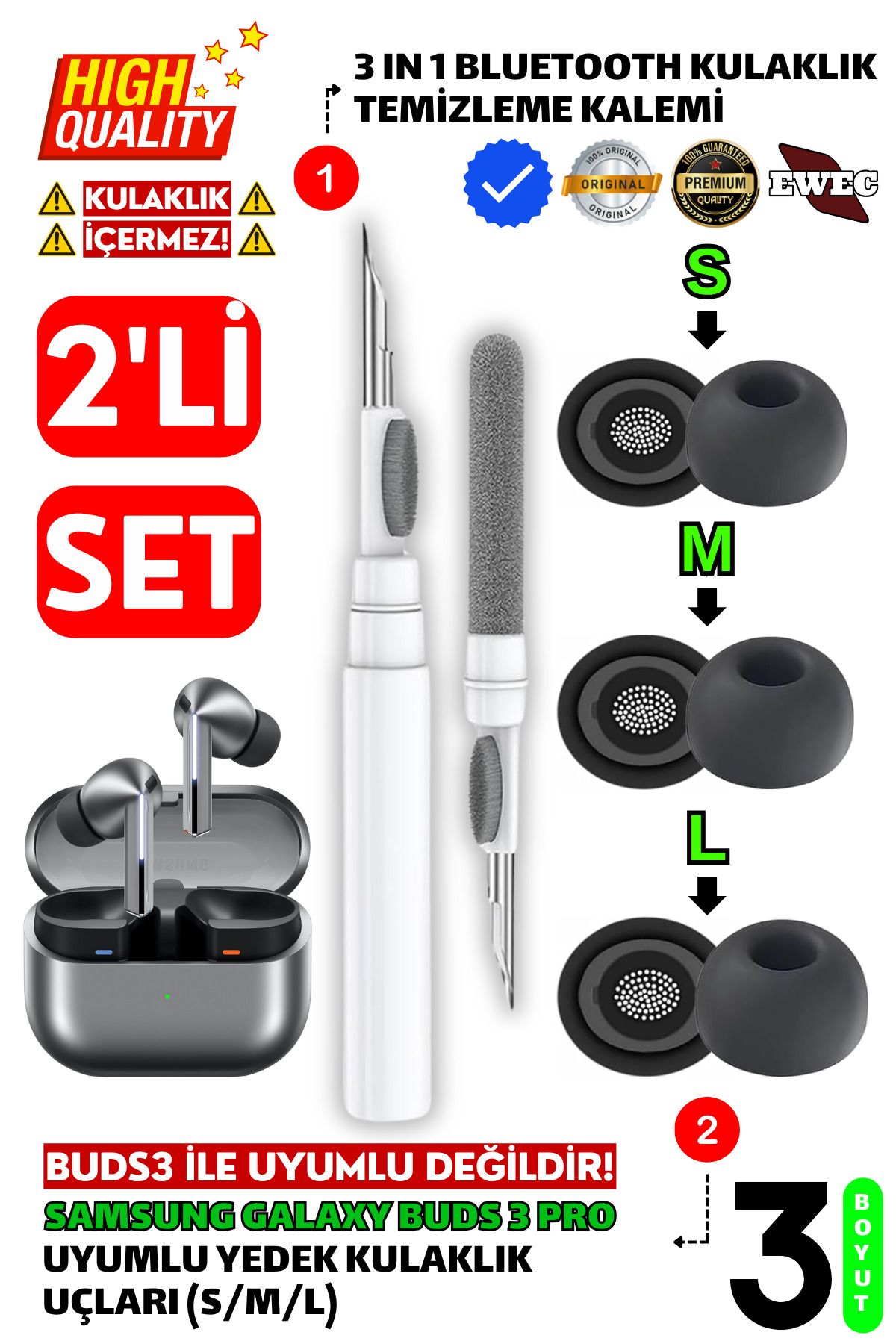 EWEC Samsung Galaxy Buds3 Pro Uyumlu Silikon Kulaklık Uçları (S,M,L) ve 3 in 1 Temizleme Kalemi Seti