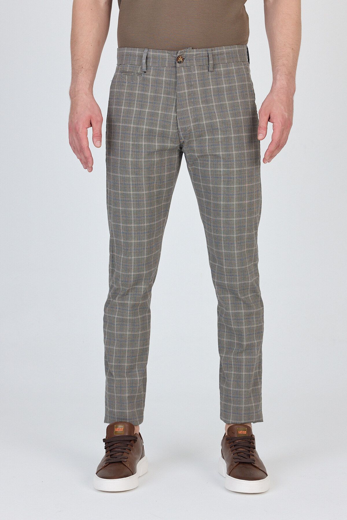 Frappoli Ecmio Erkek Vizon Ekose Keten Görünümlü İnce İlkbahar-Yaz Slim Fit Pantalon