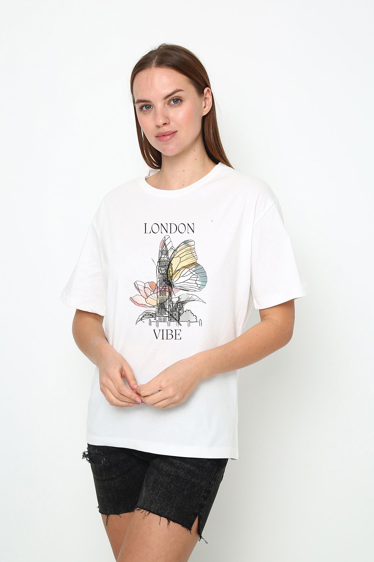 vikitekno oversize london şehir baskılı kadın t-shirt