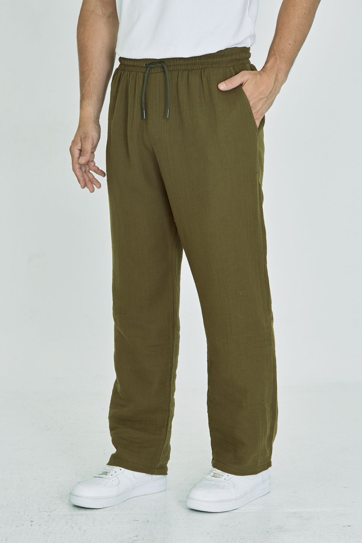 masso moda Erkek Baggy Müslin Keten Bel Bağcıklı Lastikli Düz Paça Pantolon