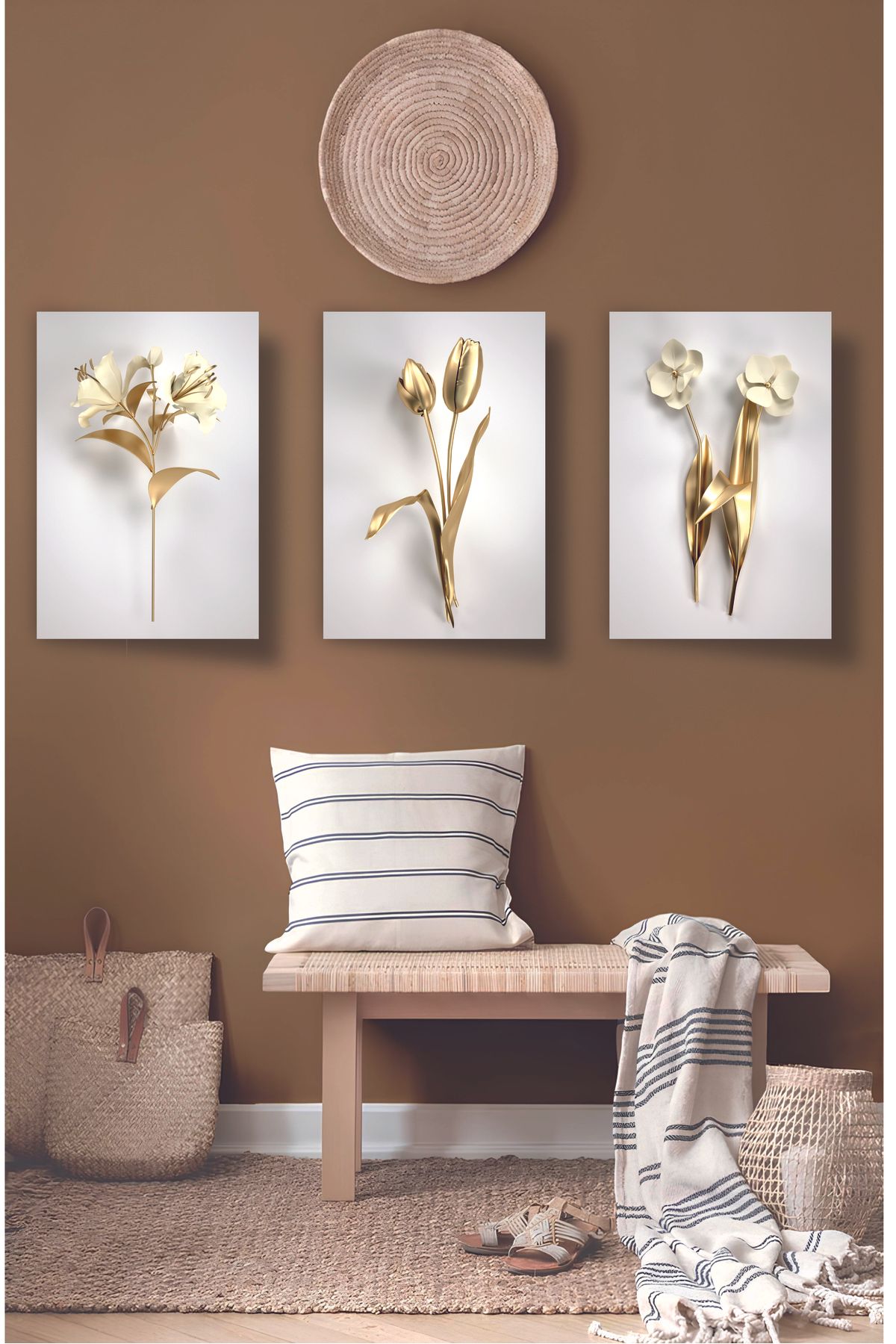 Sennight Dekoratif 3'lü Gold Çiçekli Set Tablo