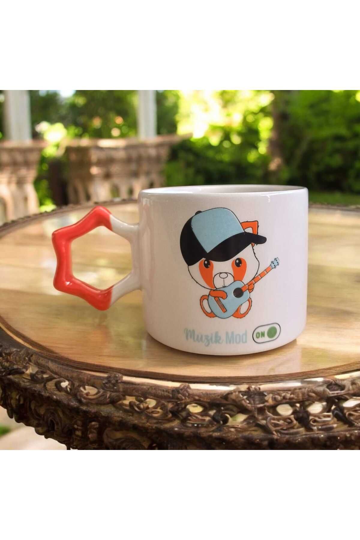 Simge Seramik Müzik Modu Çift Taraf Baskılı Yıldız Kulplu El Yapımı Doğal Seramik Mug Kupa Çay Cappuccino Fincanı