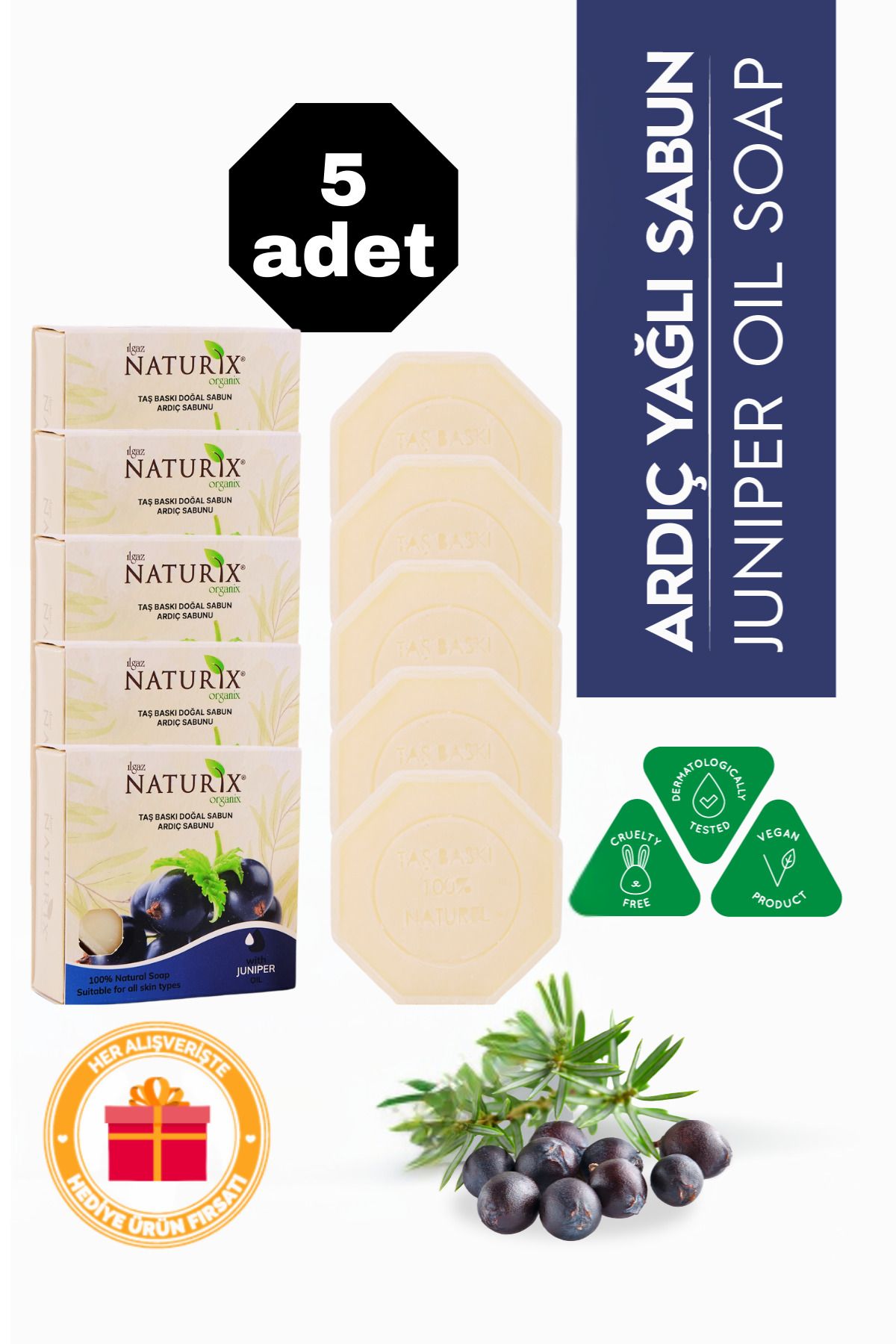 Naturix Ardıç Özlü Taş Sabun 5'li Eko Paket Yağ Dengeleyici ve Arındırıcı Bakım - 5X125 gr