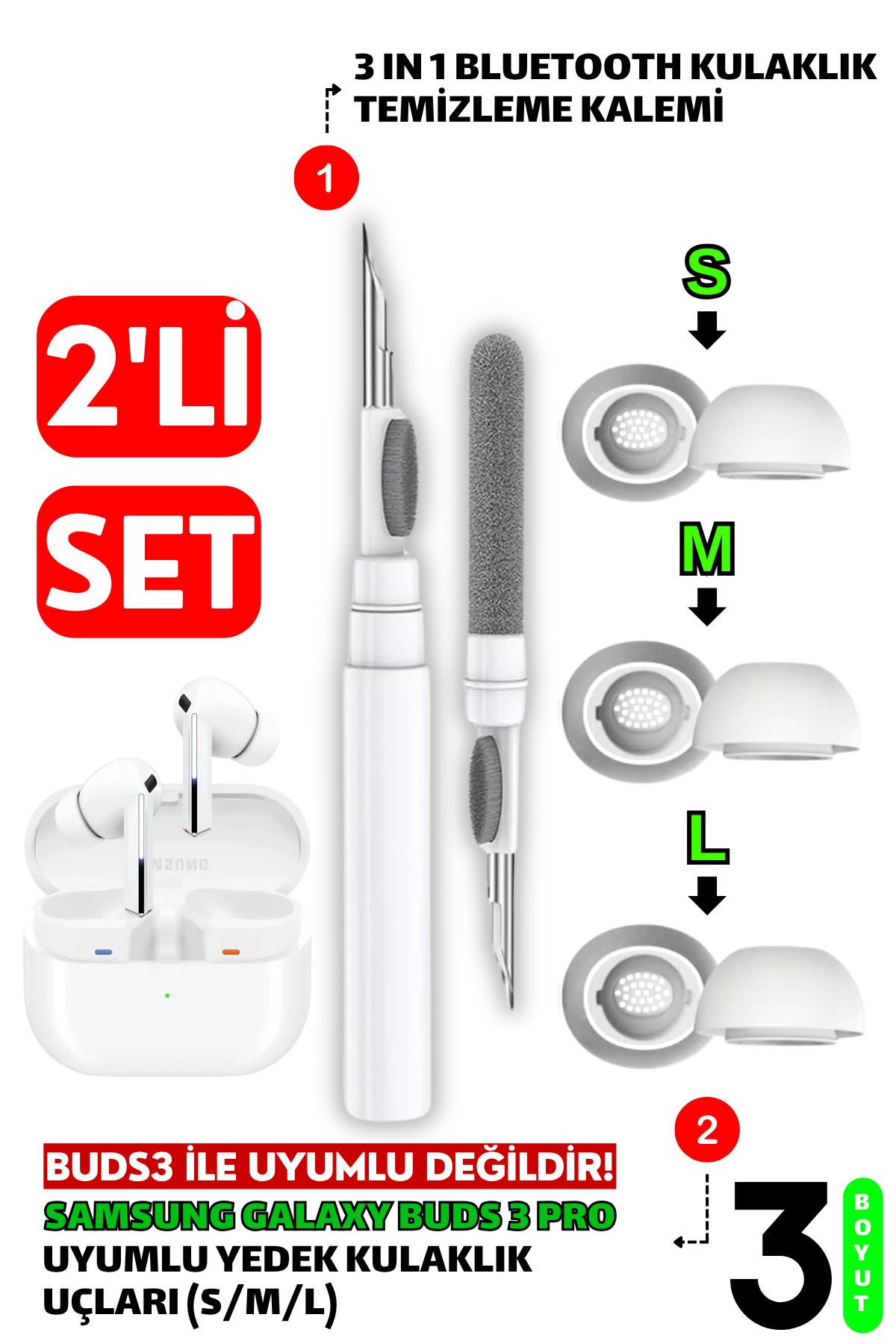 EWEC Samsung Galaxy Buds3 Pro Uyumlu Silikon Kulaklık Uçları (S,M,L) ve 3 in 1 Temizleme Kalemi Seti
