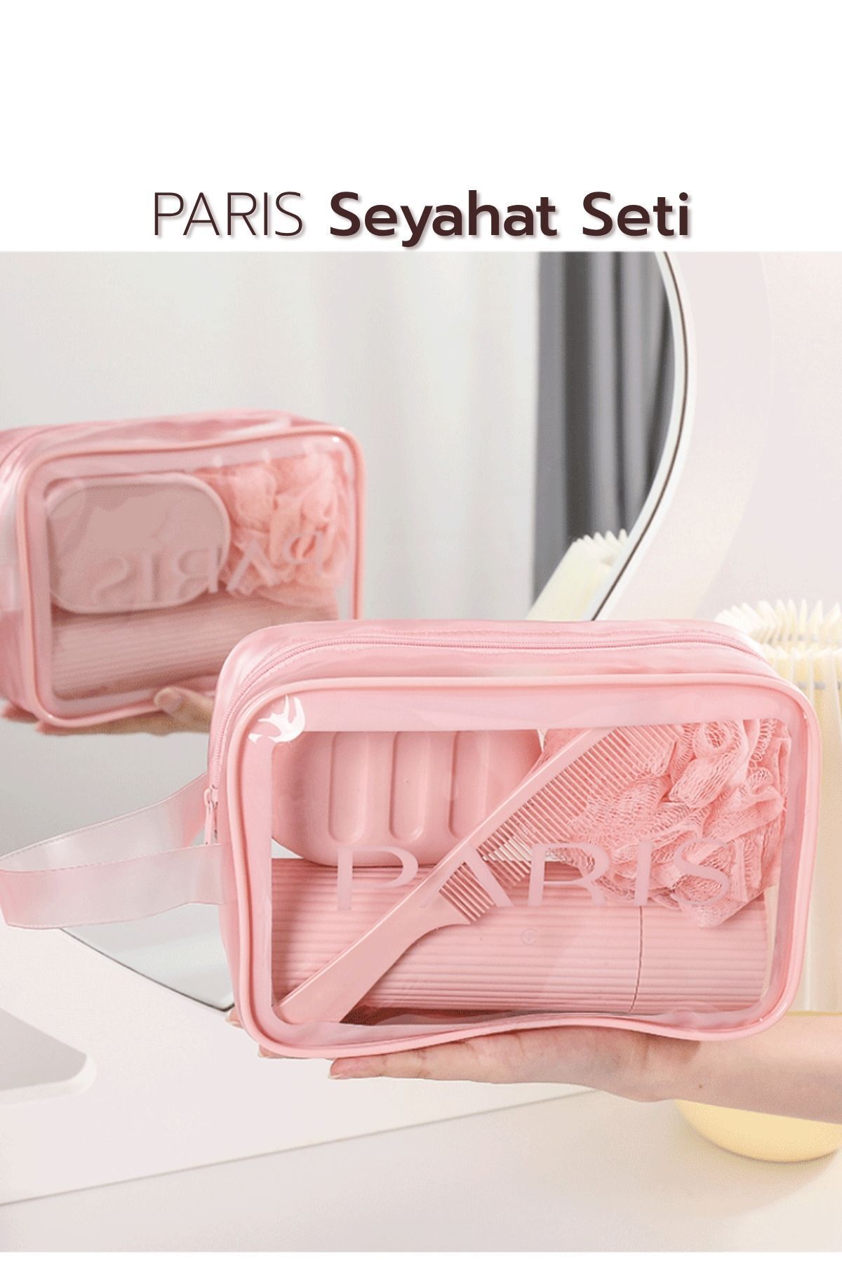ARVALE PARIS Seyahat Seti | Duş Lifi, Sabunluk, Tarak & Makyaj Kutusu – Şeffaf Taşınabilir Çanta