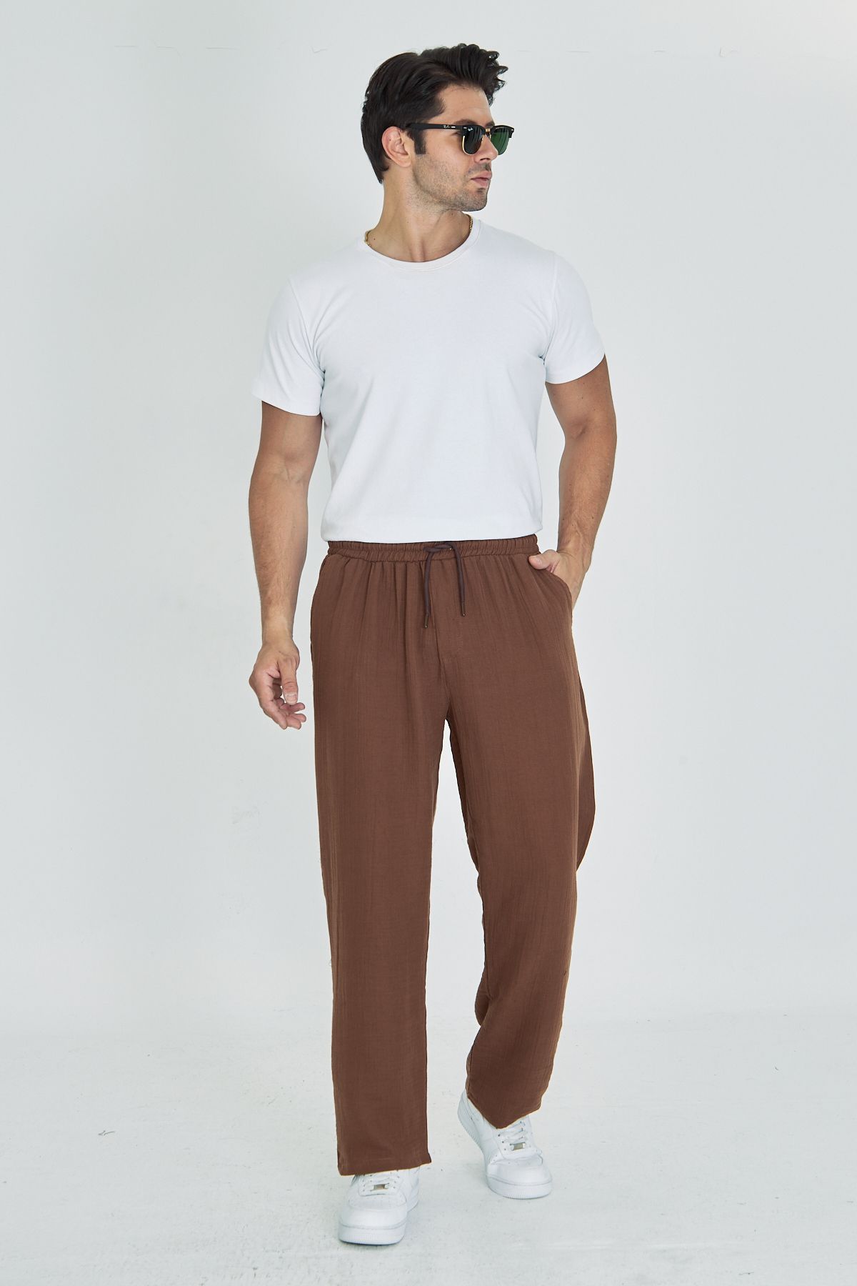 masso moda Erkek Baggy Müslin Keten Bel Bağcıklı Lastikli Düz Paça Pantolon