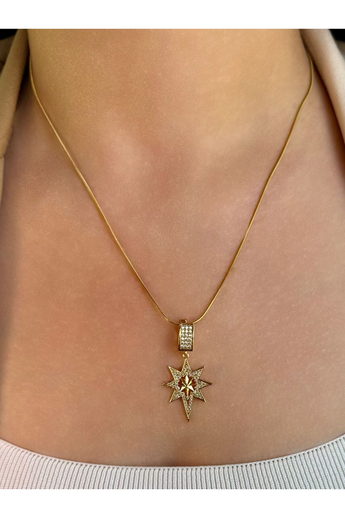 My Life Accessory Kutup Yıldızı Çelik Kolye Gold Altın Renk Taşlı Yıldız Uçlu Şık Kadın Kolye