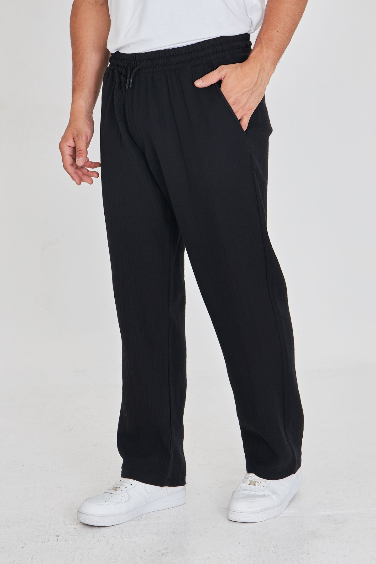 masso moda Erkek Baggy Müslin Keten Bel Bağcıklı Lastikli Düz Paça Pantolon