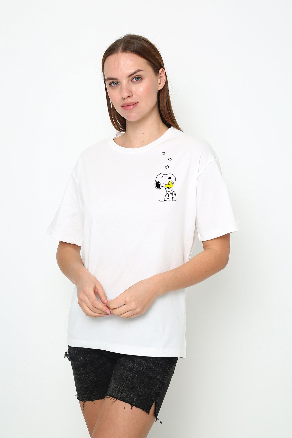 vikitekno oversize snoopy kalpli baskılı kadın t-shirt