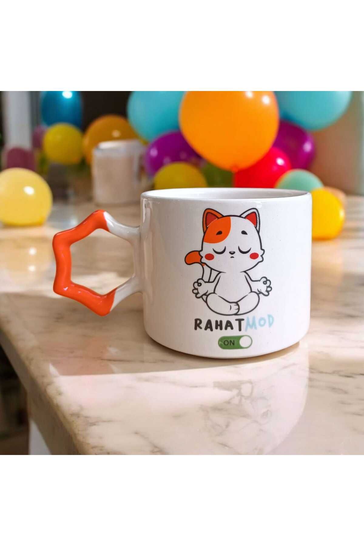 Simge Seramik Rahat Mod Çift Taraf Baskılı Yıldız Kulplu El Yapımı Doğal Seramik Mug Kupa Çay Cappuccino Fincanı