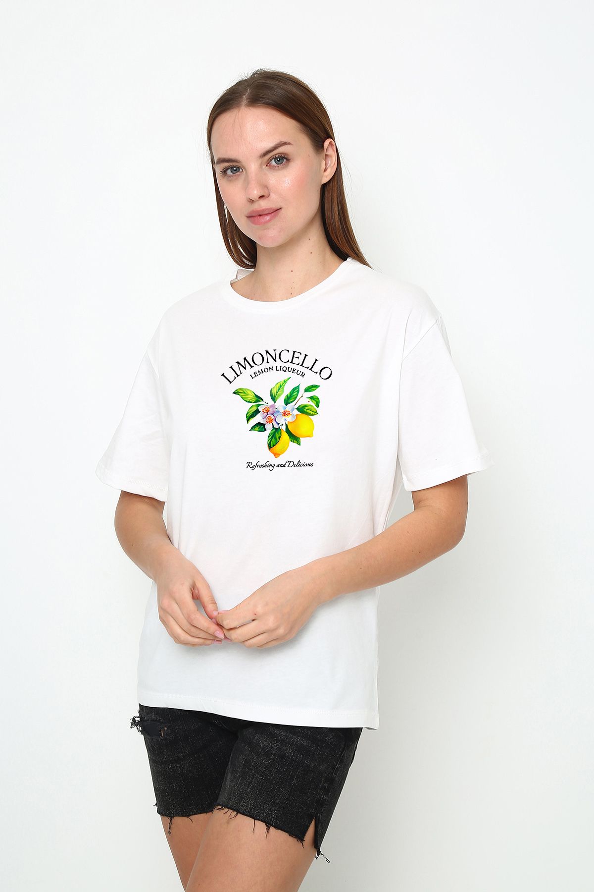vikitekno oversize lımoncello lıquer baskılı kadın t-shirt