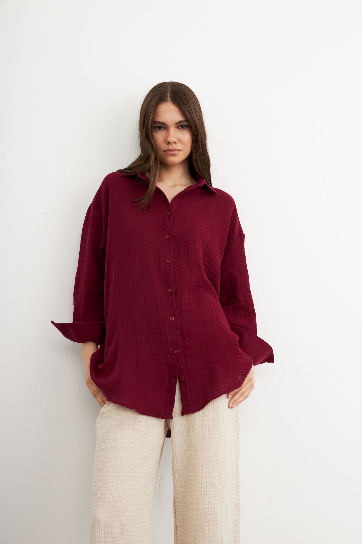 Yefrastore Oversize Basic Müslin Gömlek BORDO