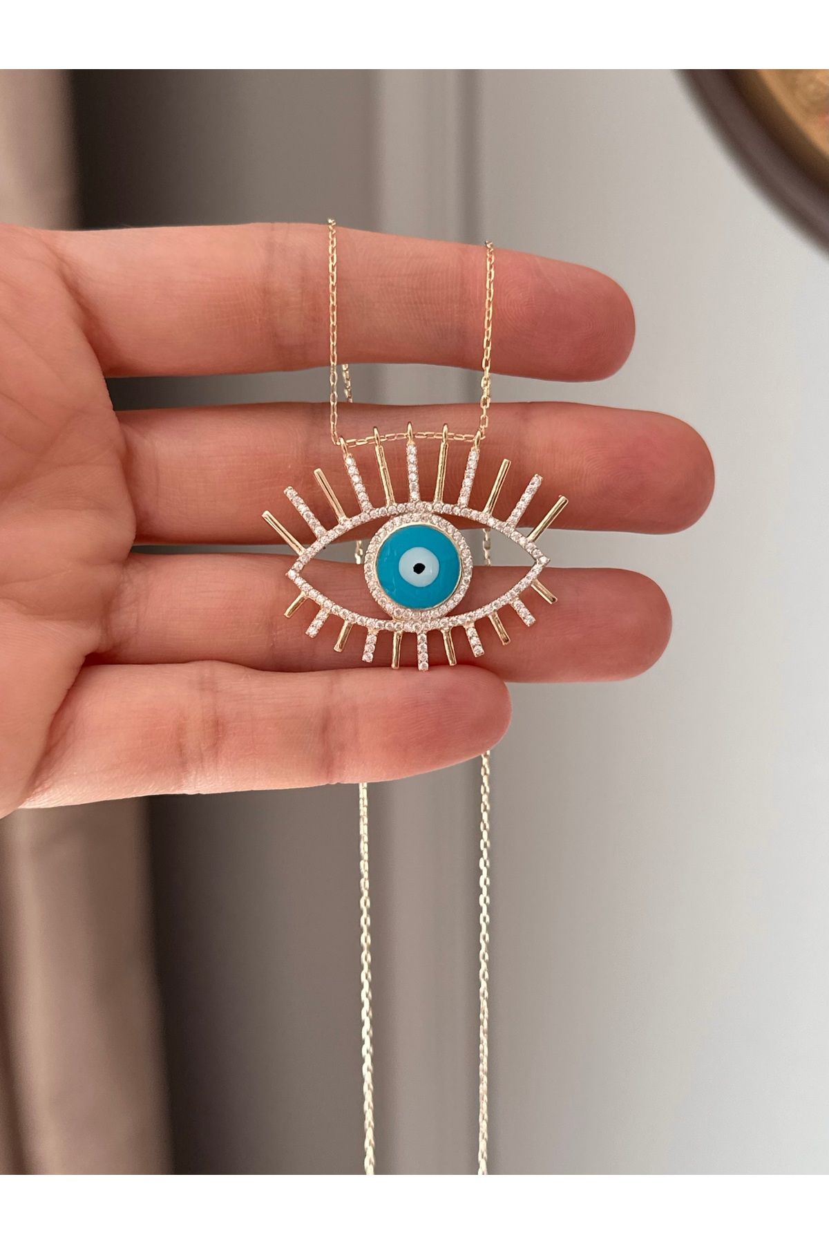 emy by emel luxury silver jewelry Altın Kaplama Nazar Boncuklu Büyük Kirpik Kolye 925 Ayar Gümüş