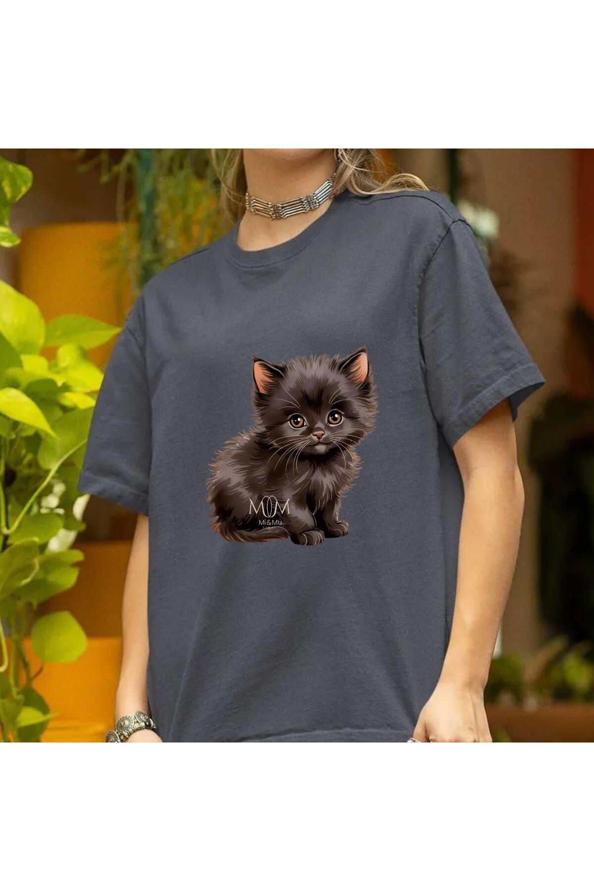 Mi&Mu Store Süprem Unisex T-Shirt Bisiklet Yaka Kara Kedicik Baskılı Regular Pamuk Basic T-Shirt