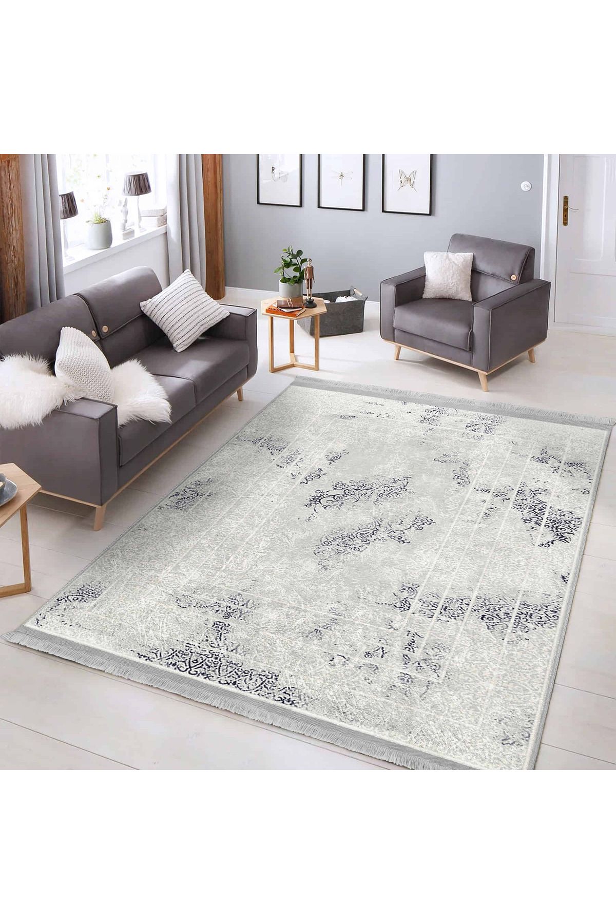 Realhomes Gri – Beyaz Desenli Vintage Motifli Dijital Baskılı Kaymaz Taban Salon Halısı | Makinede Yıkanabilir