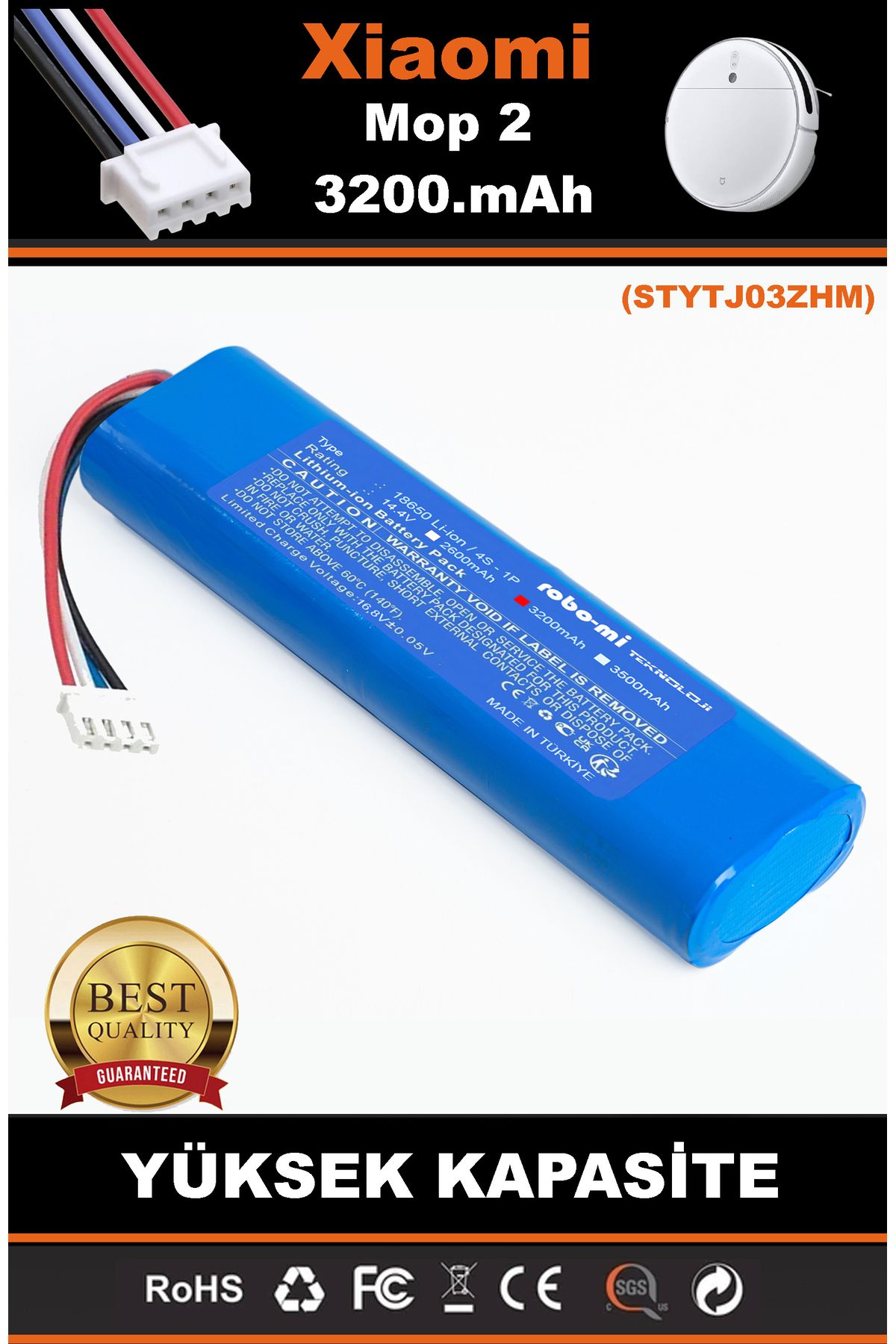 robo-mi Xiaomi Mop2 -STYTJ03ZHM- 3200mAh Robot Süpürge Bataryası - Gerçek Kapasite