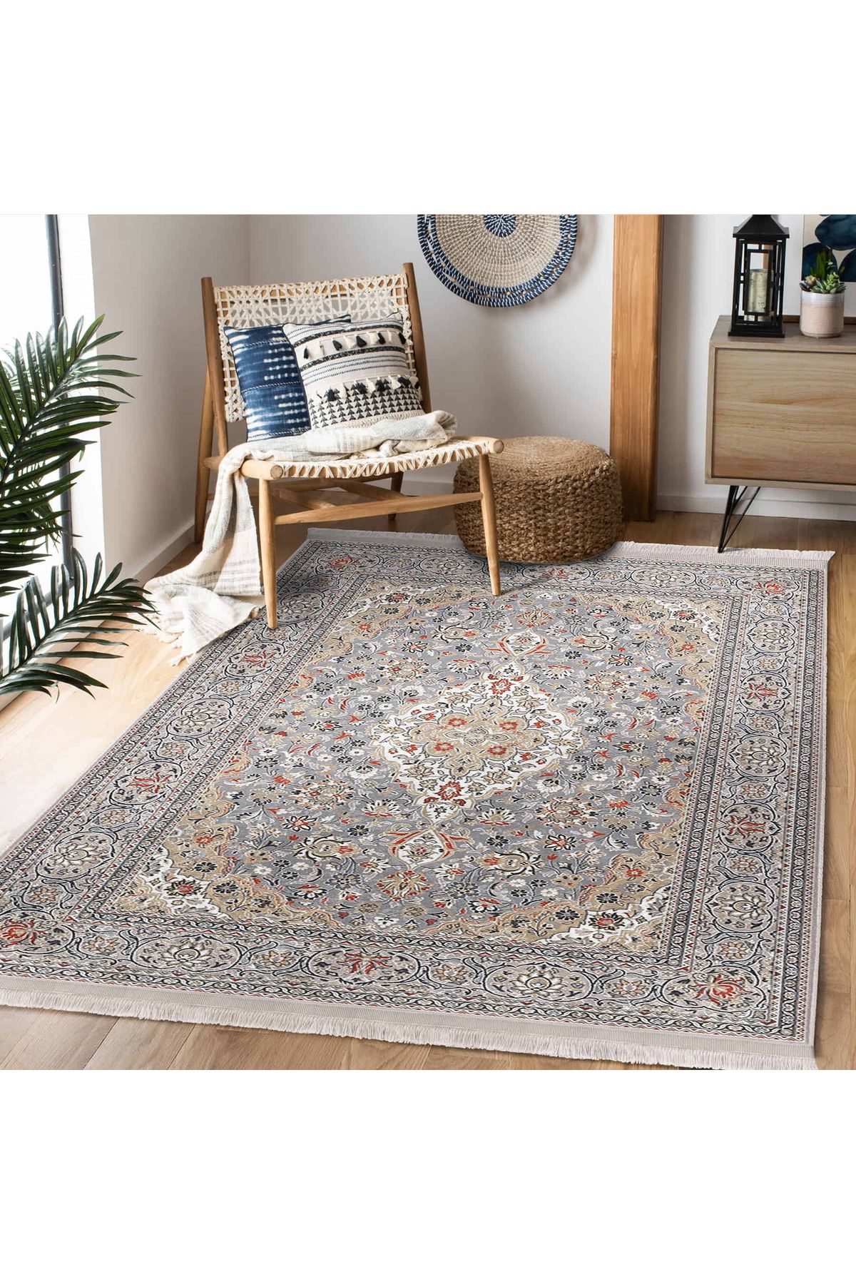 Realhomes Gri – Krem Zeminde Elegan Çiçek Motifli Salon için Yıkanabilir Kaymaz Taban Halı