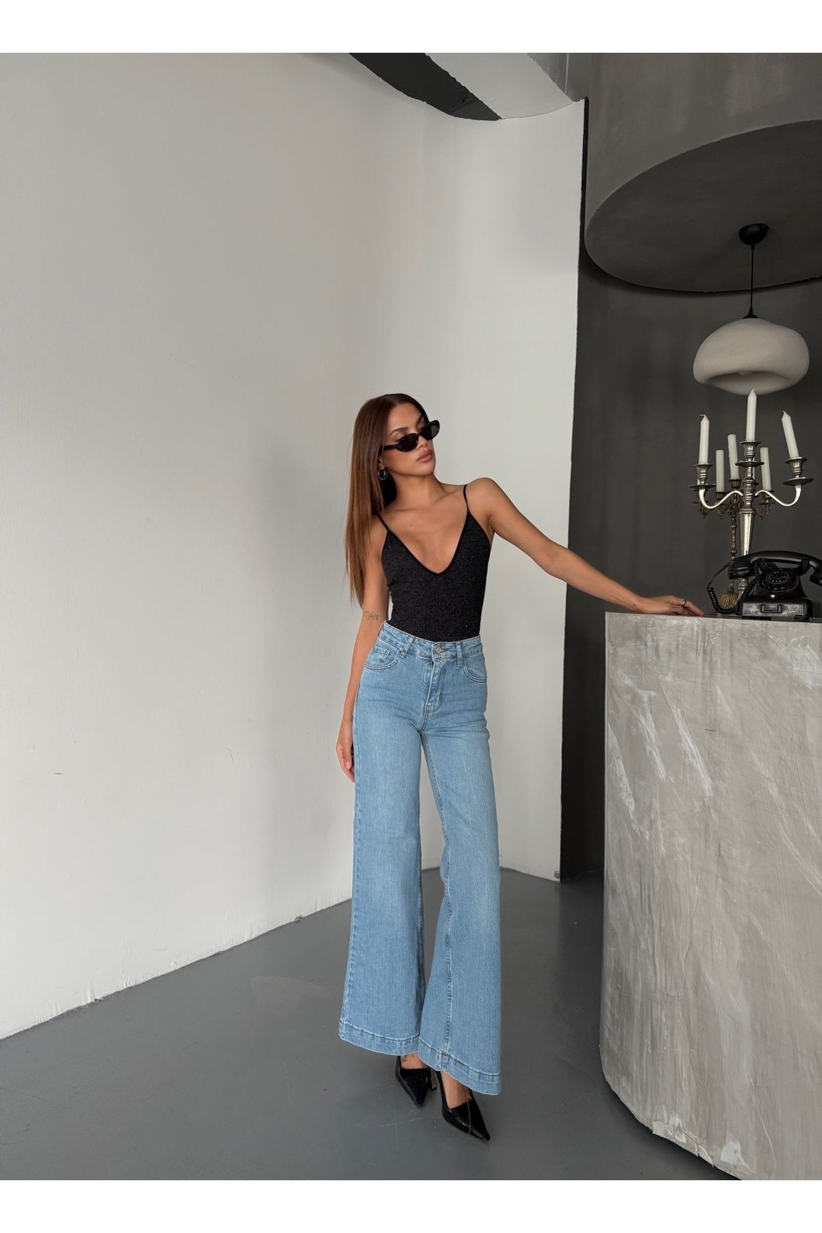 Diviny Kadın Yüksek Bel Açık Mavi Flare İspanyol Paça Trend Jean