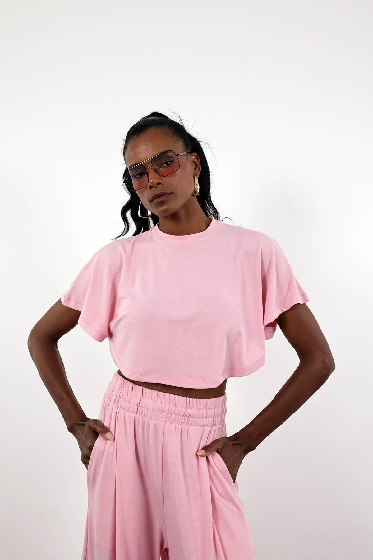 5in1Canpolat Pembe Crop Tişört 0176