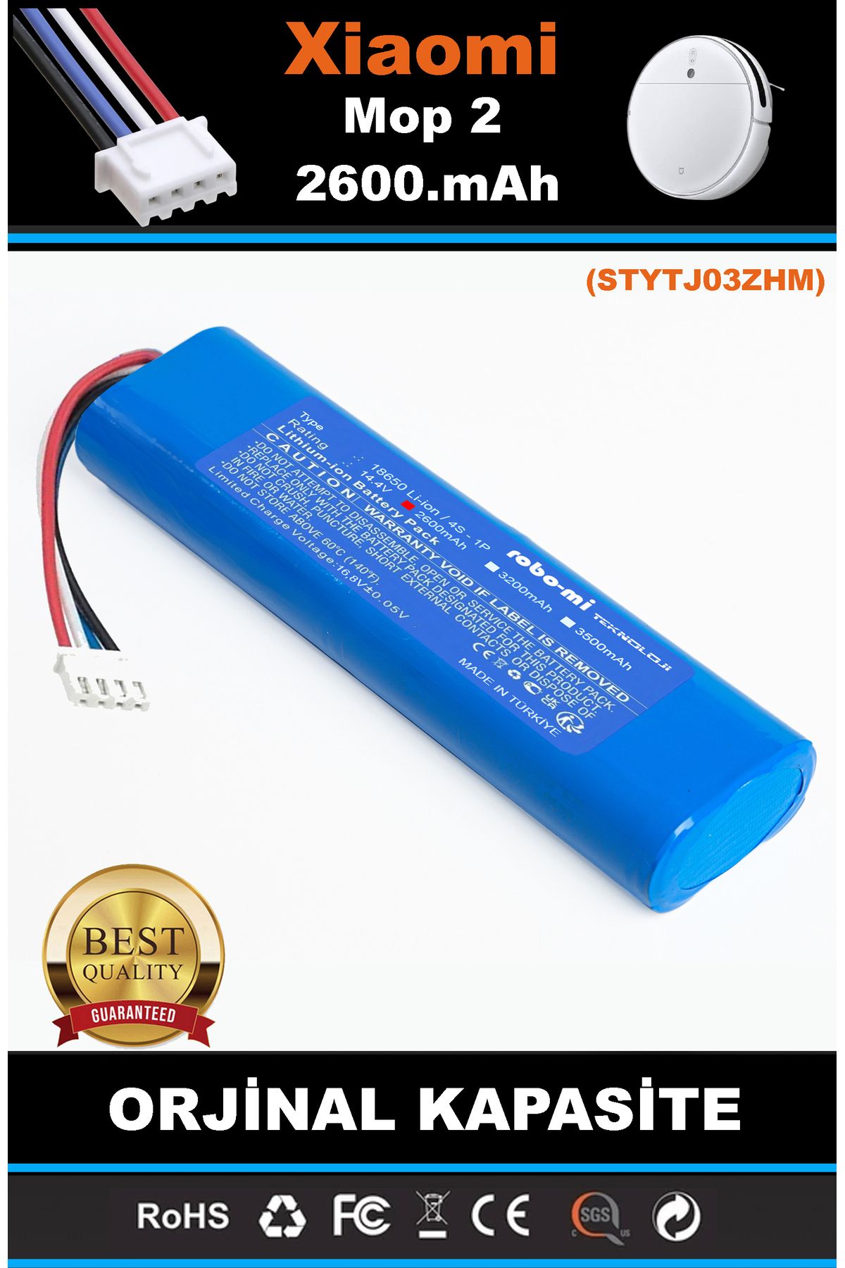 robo-mi Xiaomi Mop2 -STYTJ03ZHM- 2600mAh Robot Süpürge Bataryası - Gerçek Kapasite