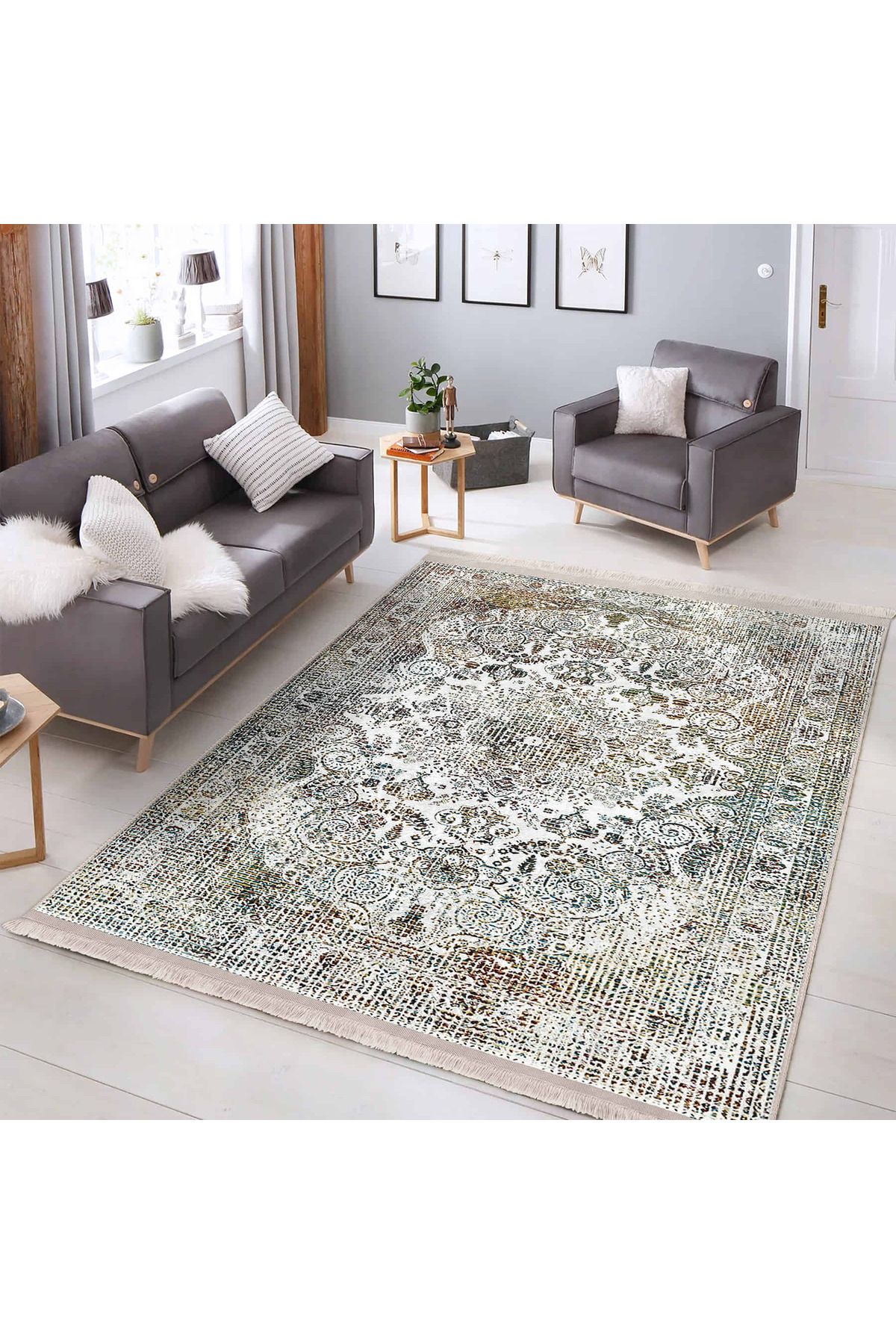 Realhomes Modern Etnik Desenli Salon Halısı – Kaymaz Tabanlı Yıkanabilir Vintage Halı