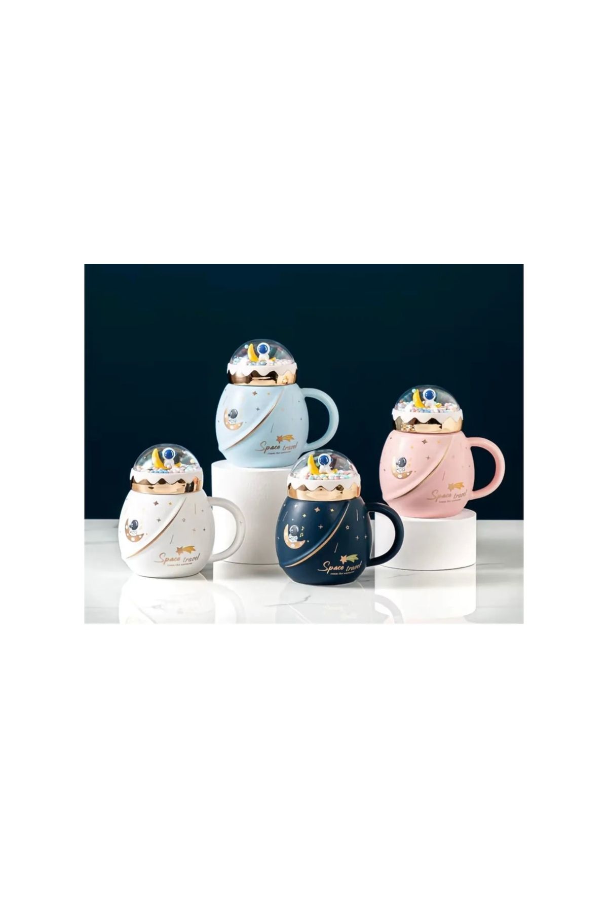 happystoretr Ay astronot kapak süslemeli kapaklı kaşıklı kupa bardak