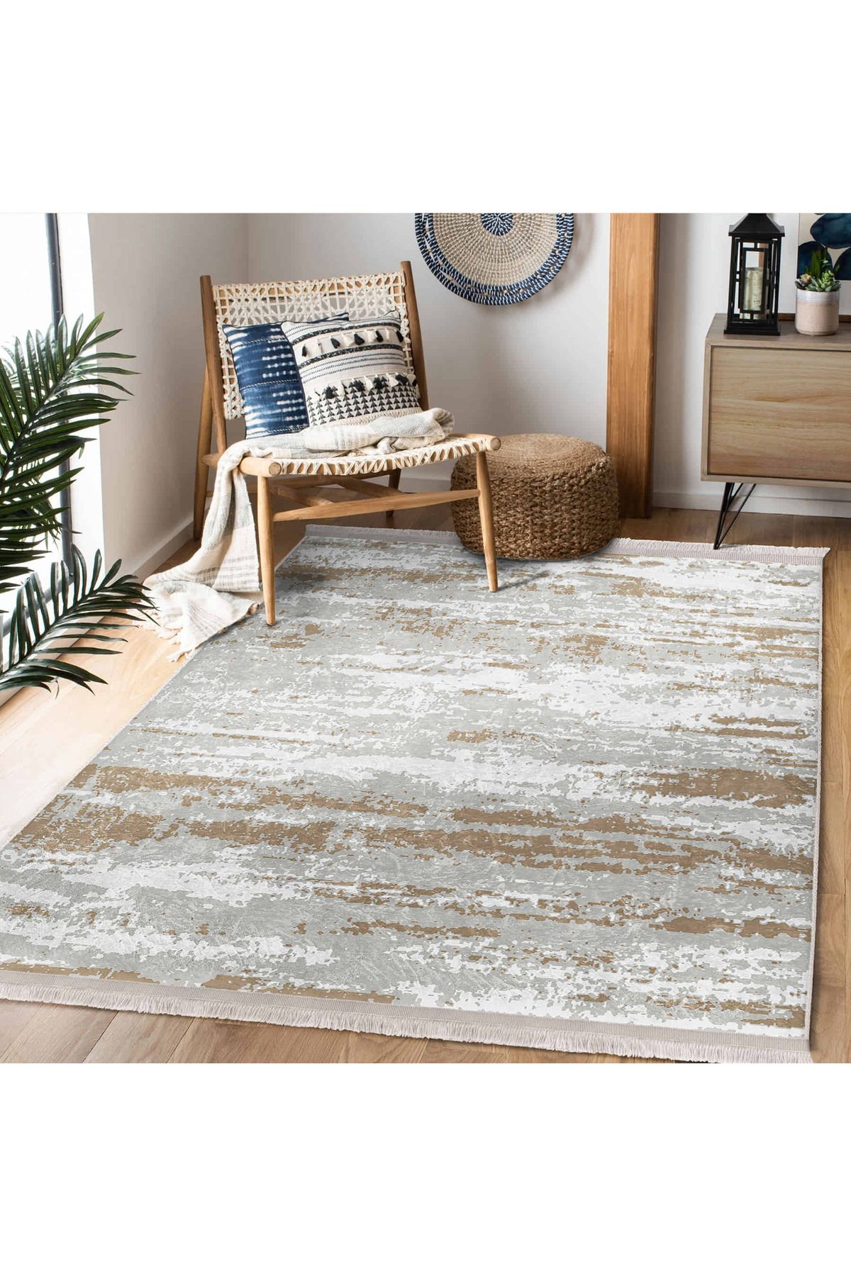 Realhomes Bej – Gri Renkli Soyut Desenli Modern Salon Halısı – Makinede Yıkanabilir Kaymaz Taban