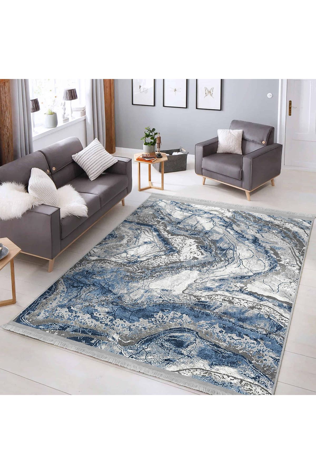 Realhomes Beyaz ve Lacivert Renk Tonlarında Modern Halı Desenli Yıkanabilir Kaymaz Taban Salon Halısı