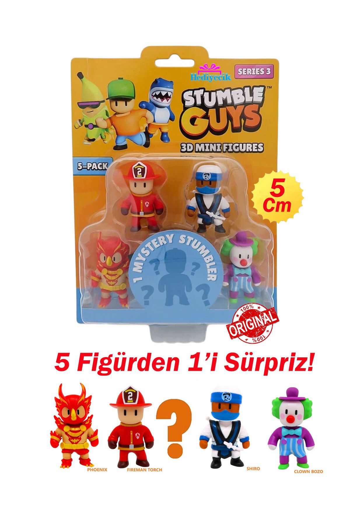 hediyecik Stumble Guys 5’li 3D Mini Figür Seti Seri 3 (Phoenix,Fireman Torch,Shiro,Clown Bozo)