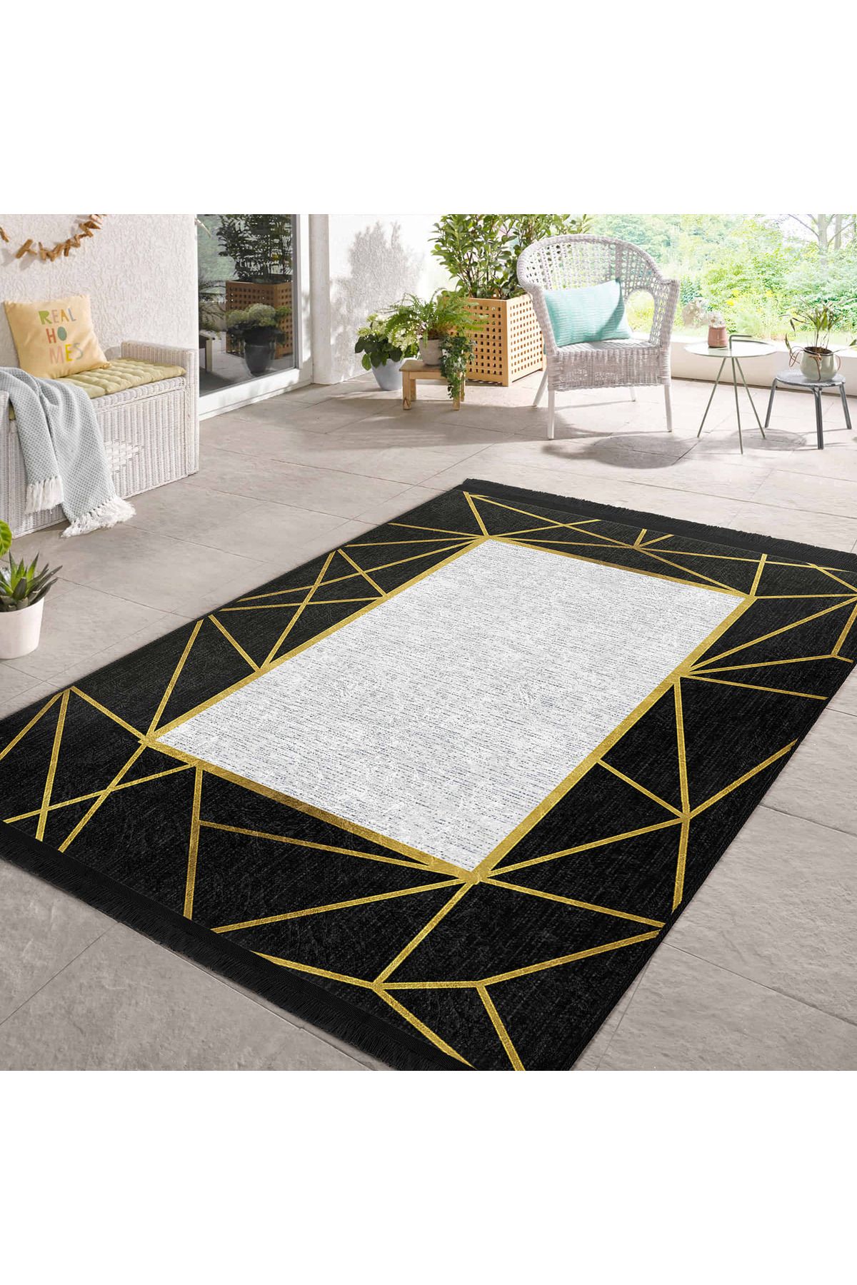 Realhomes Siyah – Altın Renkli Geometrik Desenli Modern Salon Halısı - Yıkanabilir Kaymaz Tabanlı