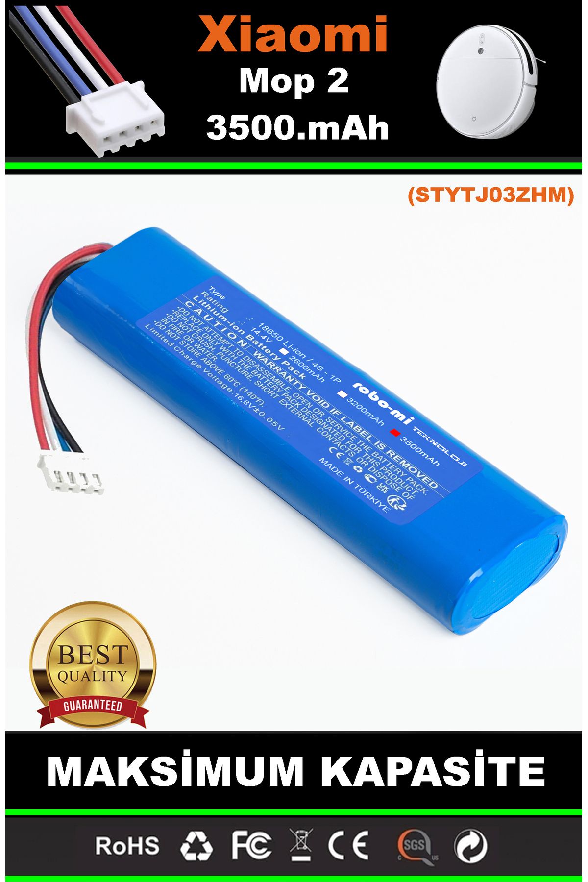 robo-mi Xiaomi Mop2 -STYTJ03ZHM- 3500mAh Robot Süpürge Bataryası - Gerçek Kapasite
