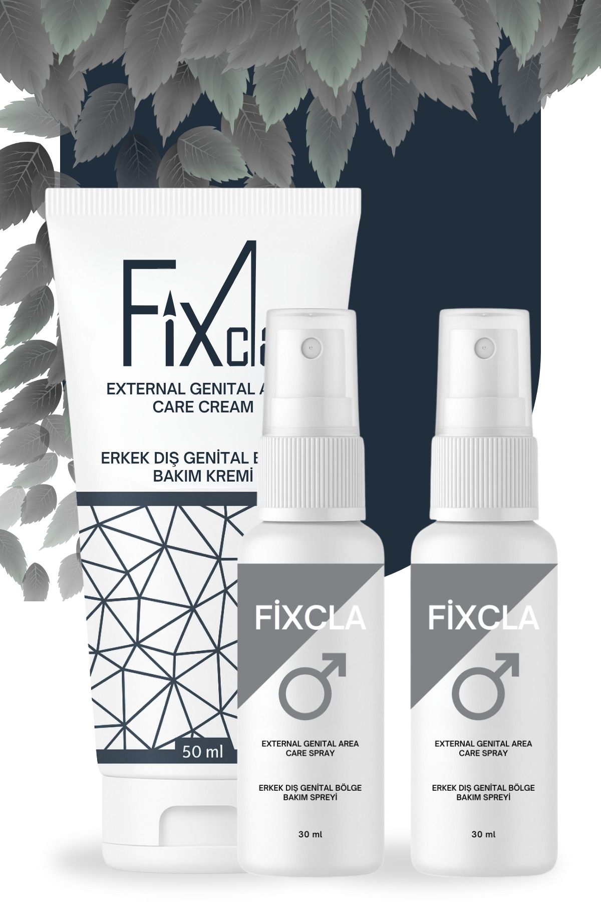 FixCla Erkek Genital Bölge Bakım Seti – 50 ml Krem + 2 Gri Sprey (30 ml x2)