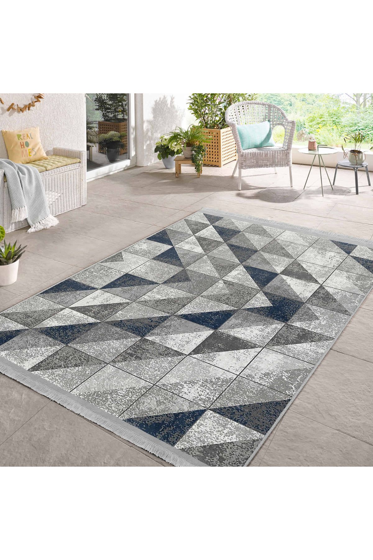 Realhomes Gri ve Lacivert Geometrik Desenli Modern Salon Halısı - Yıkanabilir Kaymaz Tabanlı
