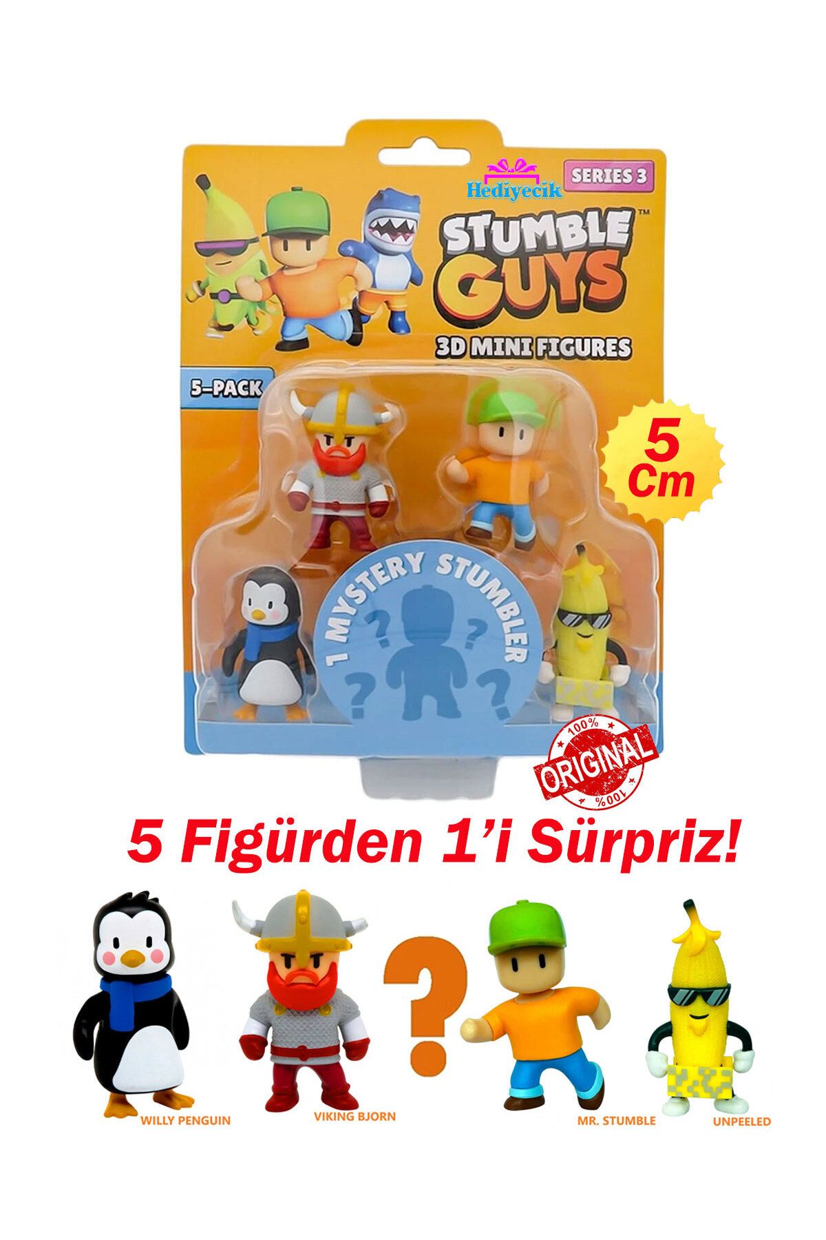 hediyecik Stumble Guys 5’li 3D Mini Figür Seti Seri 3 (Wıly Penguın,Vıkıng Bjorn,Mr.Stumble,Unpeeled)