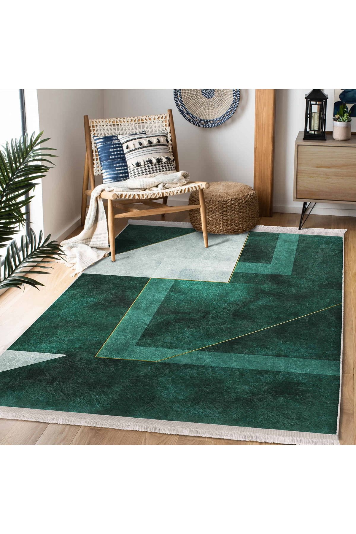 Realhomes Modern Geometrik Desenli Yeşil Fonlu Yıkanabilir Kaymaz Taban Salon Halısı - Dikdörtgen Şekil