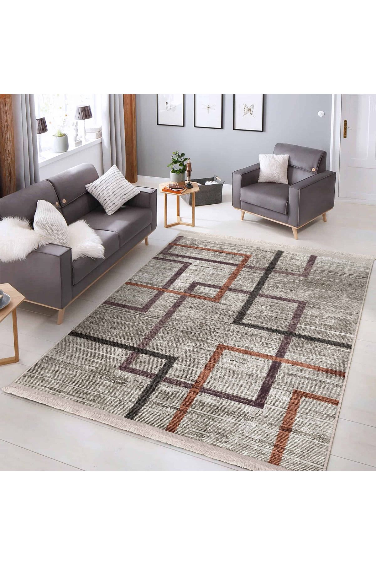 Realhomes Modern Geometrik Motifli Siyah – Turuncu Salon Halısı - Makinede Yıkanabilir Kaymaz Taban Halı