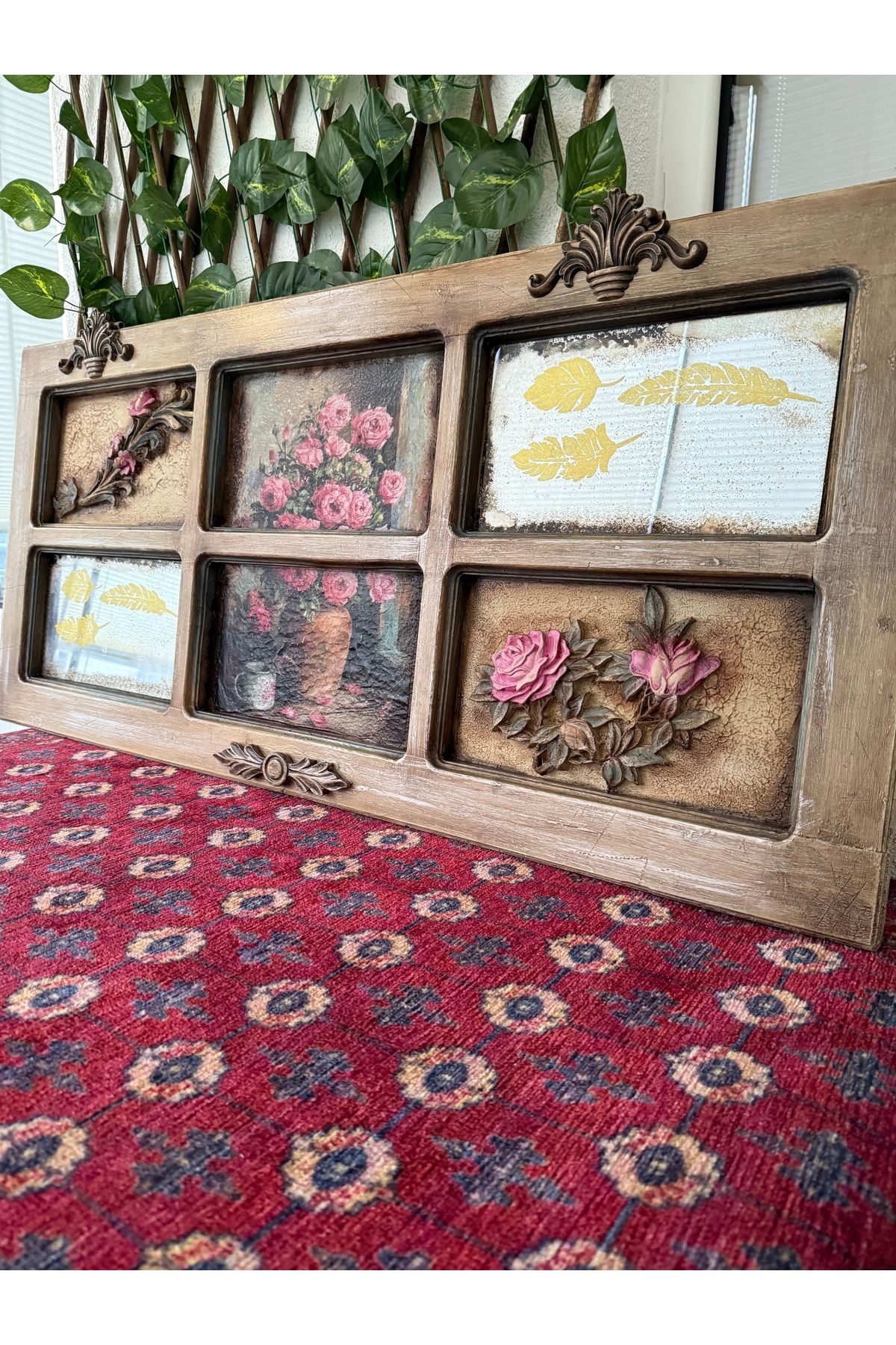AGNESS El Yapımı Vintage Duvar Tablosu – Eski Köy Penceresinden Dekoratif Ayna Tasarımı (115x52 cm)