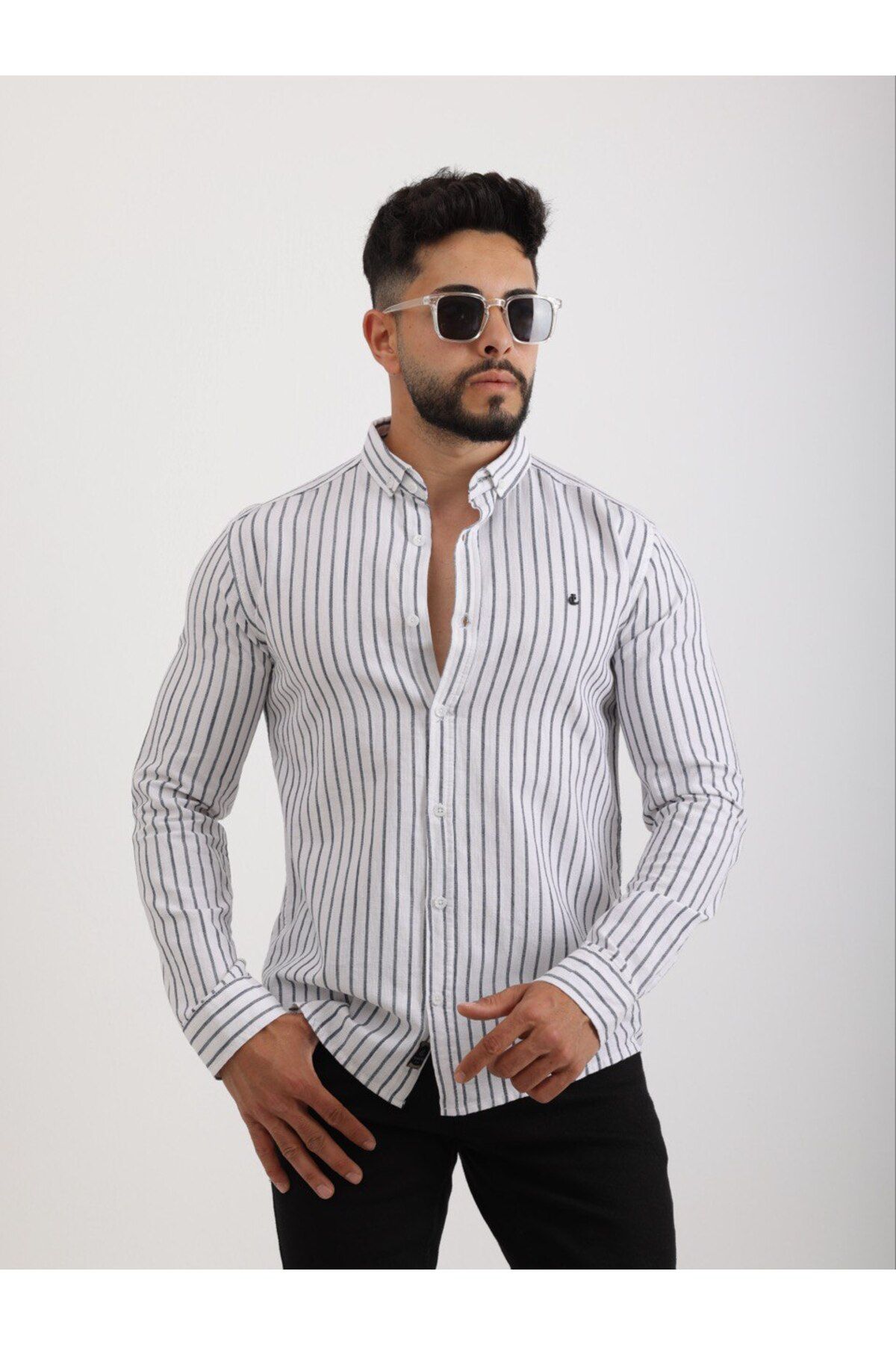 cliento Erkek Slim Fit Beyaz Laci Çizgili Keten Gömlek