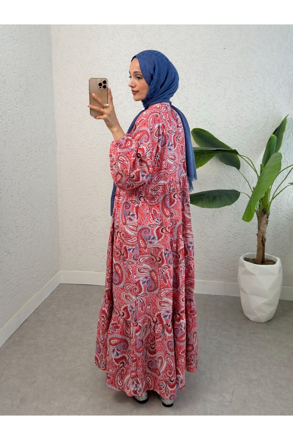 Modamorfo-Half Button Mixed Pattern Sleeve Elastic Dress -Pomegranate Flower 2