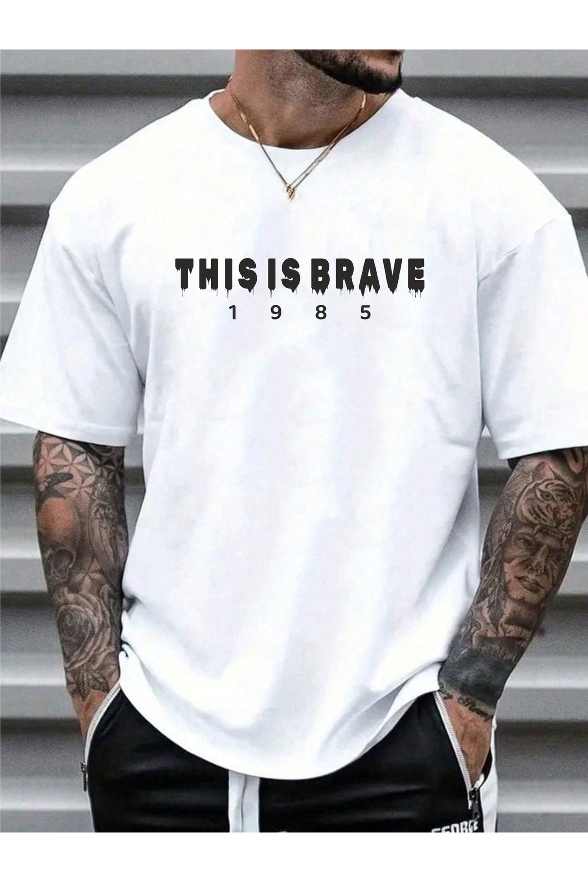 estilowear Unisex Siyah Oversize Bisiklet Yaka Baskılı T-shirt 1023