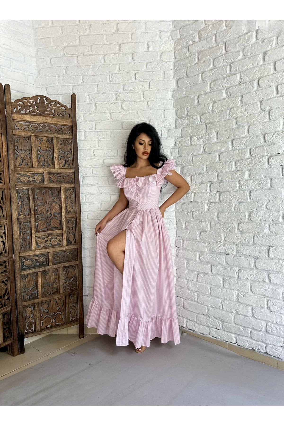 moneta boutique Kadın Kolları Fırfırlı Uzun Tasarım Gömlek Elbise